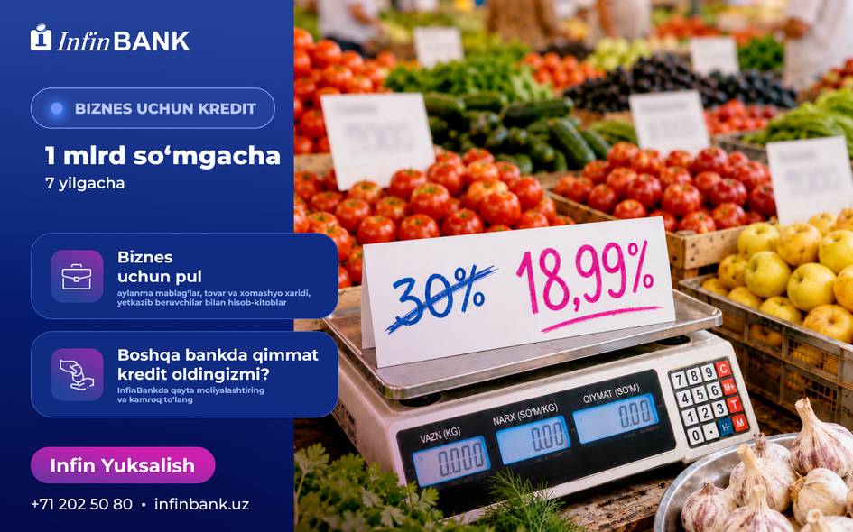 Бизнесингизни ривожлантириш учун маблағ керакми? ИнфинБанк йиллик 18,99 фоиз ставкада 1 млрд сўмгача кредит тақдим этади